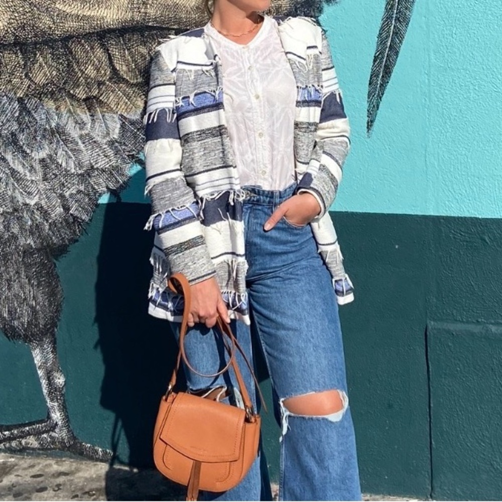 Zara Blazer, Blue Patchy Fringed Jacket, Size M